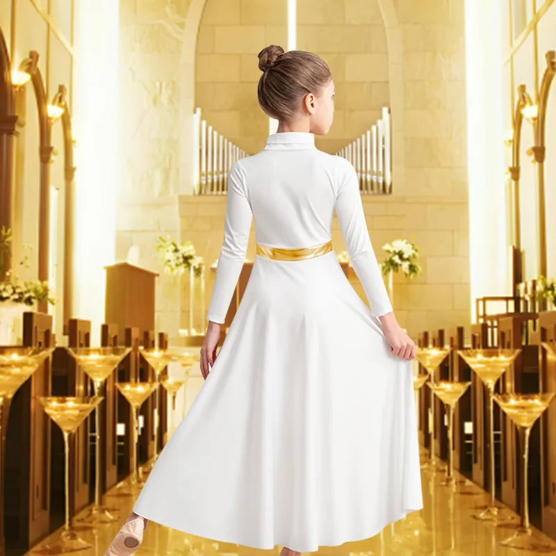 Girls's Praise Dance Dress Long Sleeve Loose Fit Church Dancewear Metallic Full Length Liturgical Worship Costume Dance Dress