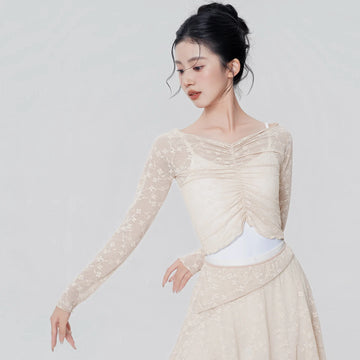 Women Dance Cover Tops Adult Lace Chest Pleate Long Sleeves Dance Outfit  Teen Gymnastic Yoga Training Swimwear Clothes