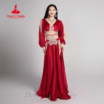 Belly Dancer Performance Costumes Senior AB Stones Bra+Tassels Satin Long Skirt 2pcs Women Oriental Dancing Competition Clothing