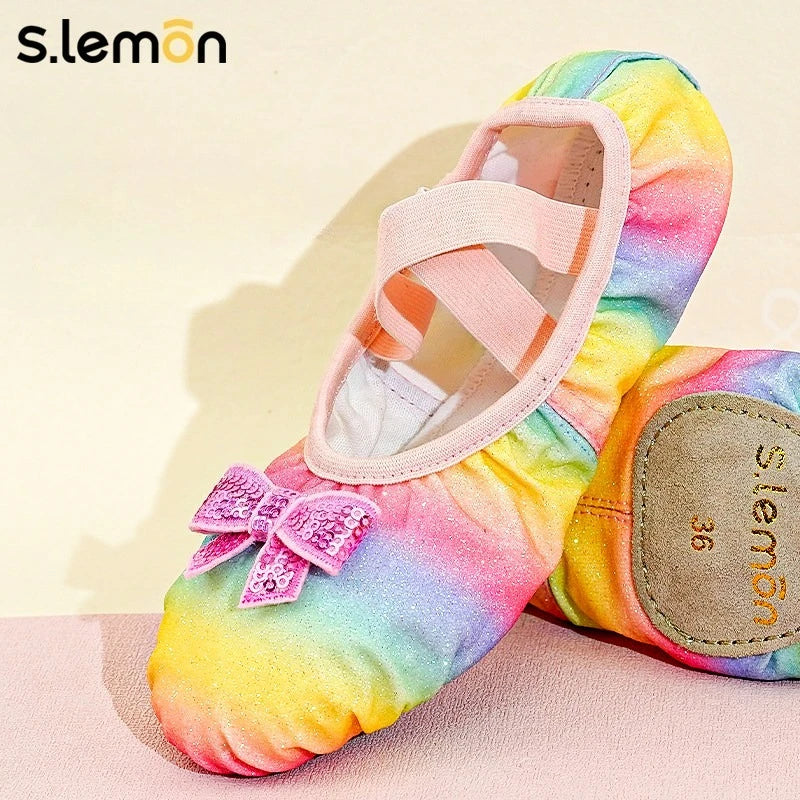 S.lemon Ballet Shoes for Girls Soft Sole Gradient Color Chinese Dance Practice Performance Shoes