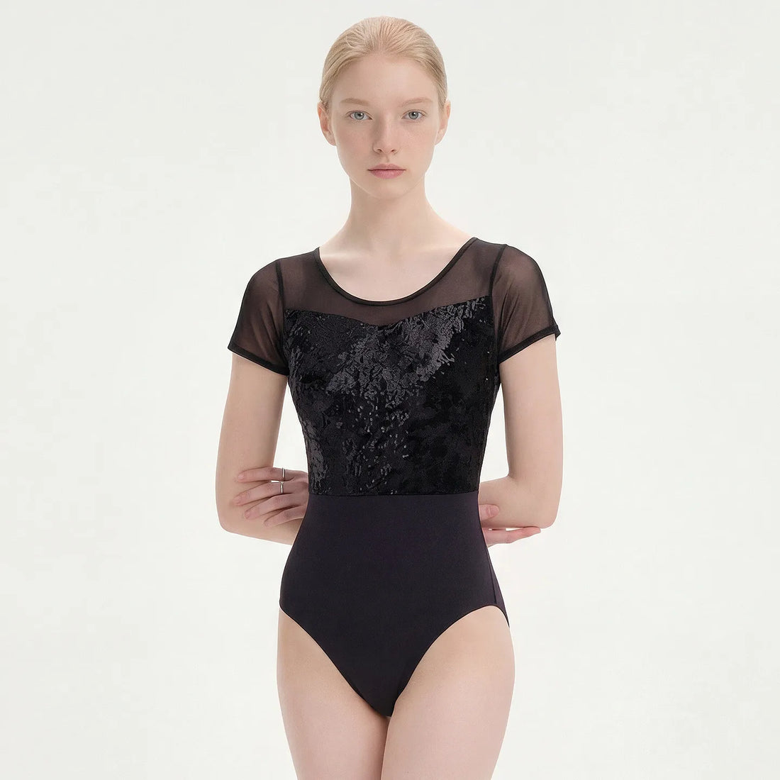 Ballet Leotard Women Short Sleeve Black Velvet Mesh Dance Bodysuit for Adult Ballet Class Gymnastics