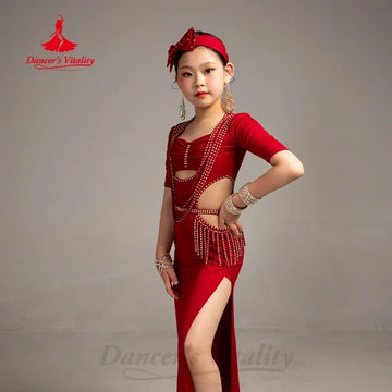 Belly Dance Practice Clothes for Children Light Luxury AB Stones Fringe Dress Girl Oriental Dance Professional Training Clothing