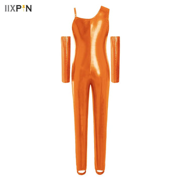 Kids Girls Metallic Shiny Artistic Gymnastics Jumpsuit with Gloves One Piece Long Sleeves Full Body Bodysuit Ballet Dance Wear