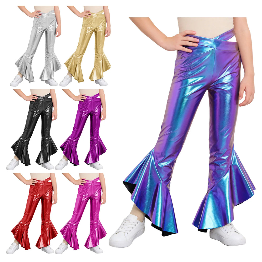 Kids Girls Jazz Latin Dance Pants Stage Performance Costume Metallic Flared Pants Cross Waistband Ruffles Bell-Bottom Trousers
