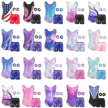 Girls Gymnastics Leotards Kids Shiny Sleeveless Athletic Tumbling Tank Unitard 4 Piece with shorts and headband