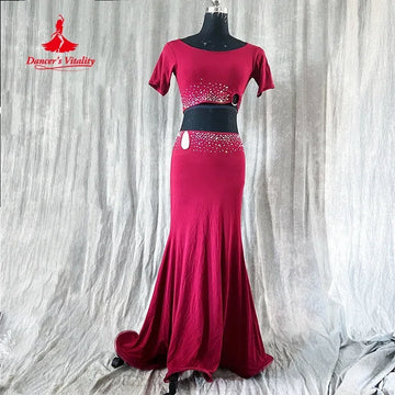 BellyDance Practice Set for Adults and Child Customized Short Sleeved Top+Sexy Fishtail Long Skirt 2pcs Oriental Dance Clothing