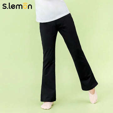 S.lemon Girls High Waist Loose Dance Trousers-Black Straight Flare Leg Pants for Chinese Dance Training, Kids Gymnastics Outfits