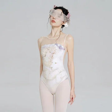 Women Ballet Leotards Printed Vest Sleeveless Dance Leotard Adult Mesh Splicing Gymnastics Bodysuit Ballet Swimwear