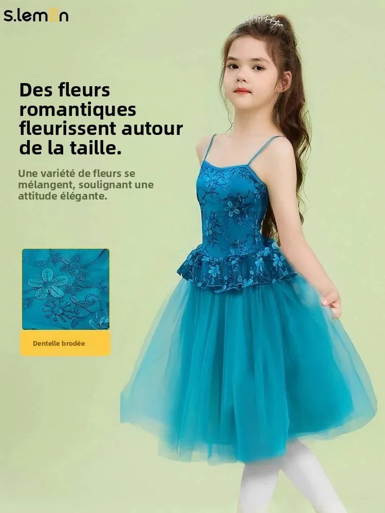 S.lemon Kids Ballet Tutu with Lace Straps 3D Floral Puff Skirt Dance Performance Costume Dancewear for Girls