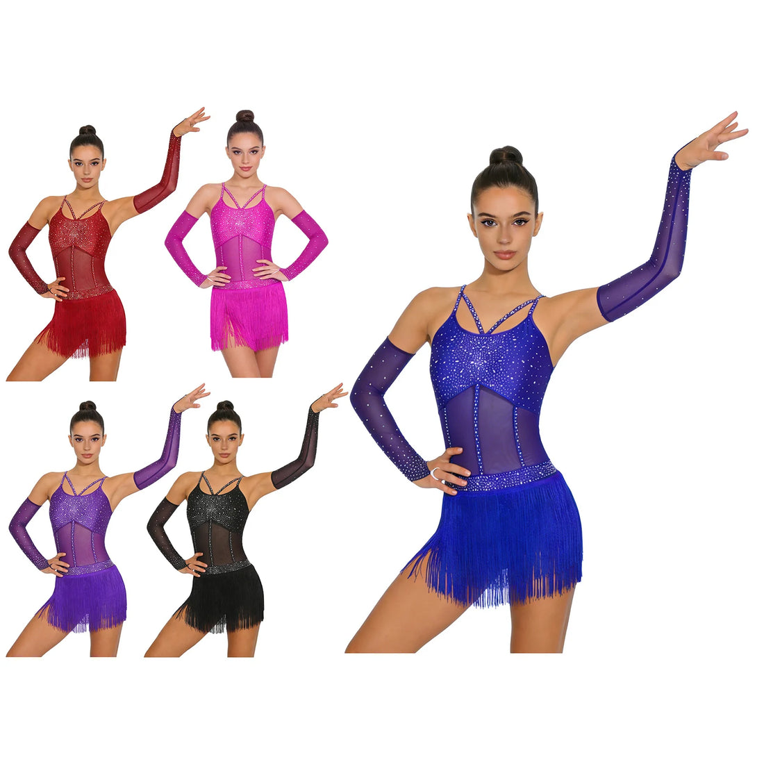 Womens Tango Latin Dance Leotard Dress Sheer Mesh Tassel Bodysuit with Gloves Elegant Latin Dress for Ballroom Dance Performance