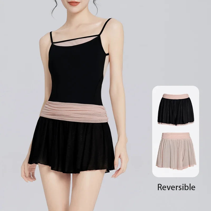 Women Ballet Skirte Mesh Double-sided Dance Culottes Contrast Training Dance Short Pants Fitness Yoga Swimwear Skirts