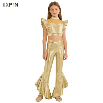 Kids Girls Metallic Hip-Hop Jazz Dance Set Sleeveless Crop Top with Ruffles Flared Pants Modern Stage Performance Dancewear