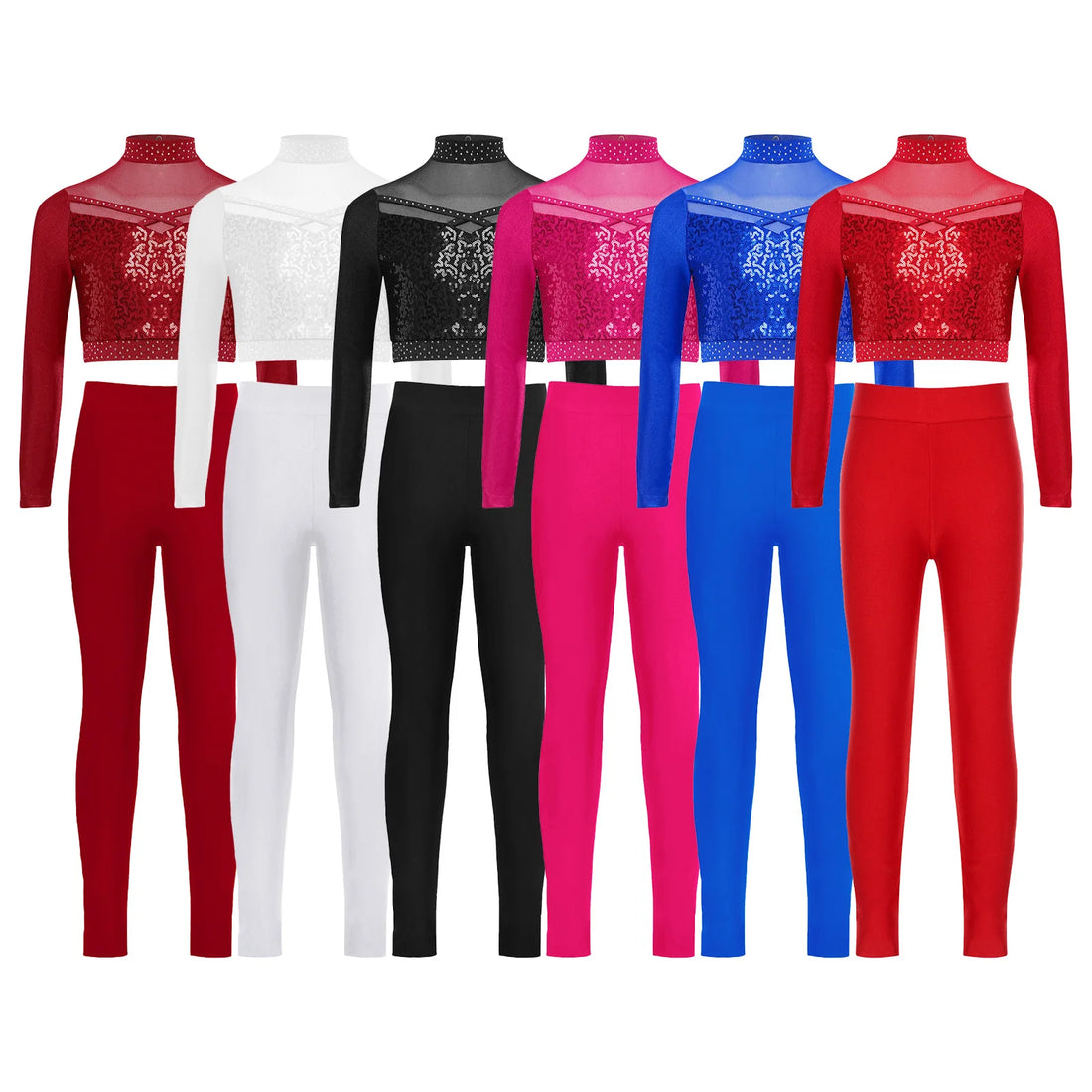 Girls Hip Hop Jazz Dance Outfits Sheer Mesh Gymnastics Cheerleading Dance Costume Long Sleeve Sequins Crop Top with Leggings