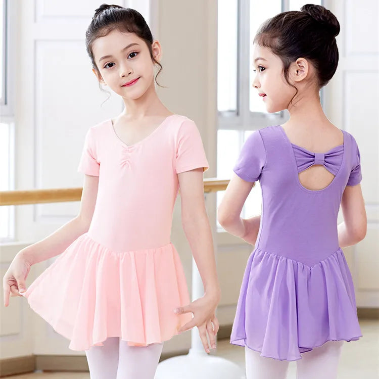 Autumn Ballet Leotards Dress for Girls Short/Long Sleeve Chiffon Skirt Leotards Bowknot Swimwear Gymnastics Skate Dancewear