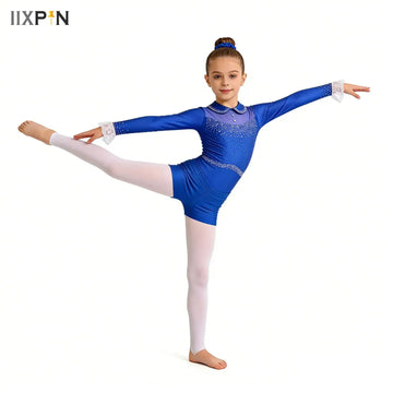 Kids Girls Long Sleeve Ballet Practice Dance Wear Rhythmic Gymnastics Leotard Skating Competition Dance Costume Shorts Outfits