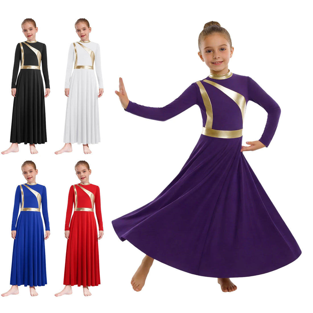 Kids Girls Praise Lyrical Dance Performance Costume Metallic Shiny Church Christian Worship Tunic Robe Dress Ballet Dancewear