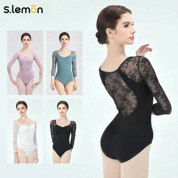 Women Ballet Leotard Black 3/4 Sleeve with Lace Trim Long Sleeve Dance Leotard for Gymnastics, Ballet & Studio Training