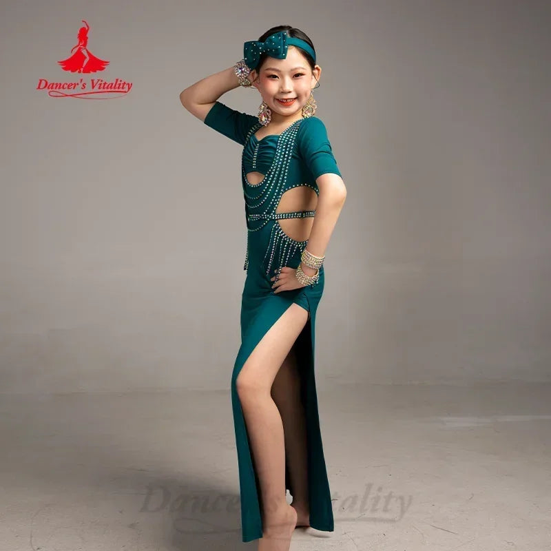 Belly Dance Practice Clothes for Children Light Luxury AB Stones Fringe Dress Girl Oriental Dance Professional Training Clothing