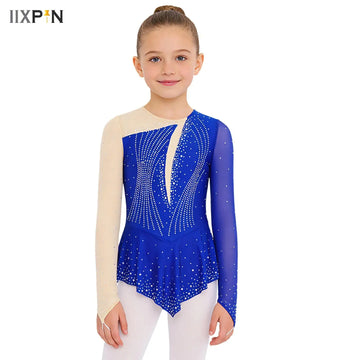 Kid Girls Rhinestones Figure Skating Dress Ballet Dance Rhythmic Gymnastics Long Sleeve Sheer Mesh Leotard Performance Dancewear