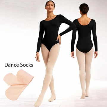 Women's 2Pcs Team Basic Long Sleeve Ballet Dance Leotards for adult Gymnastics Dance Set with Lining and Dance Tights Socks
