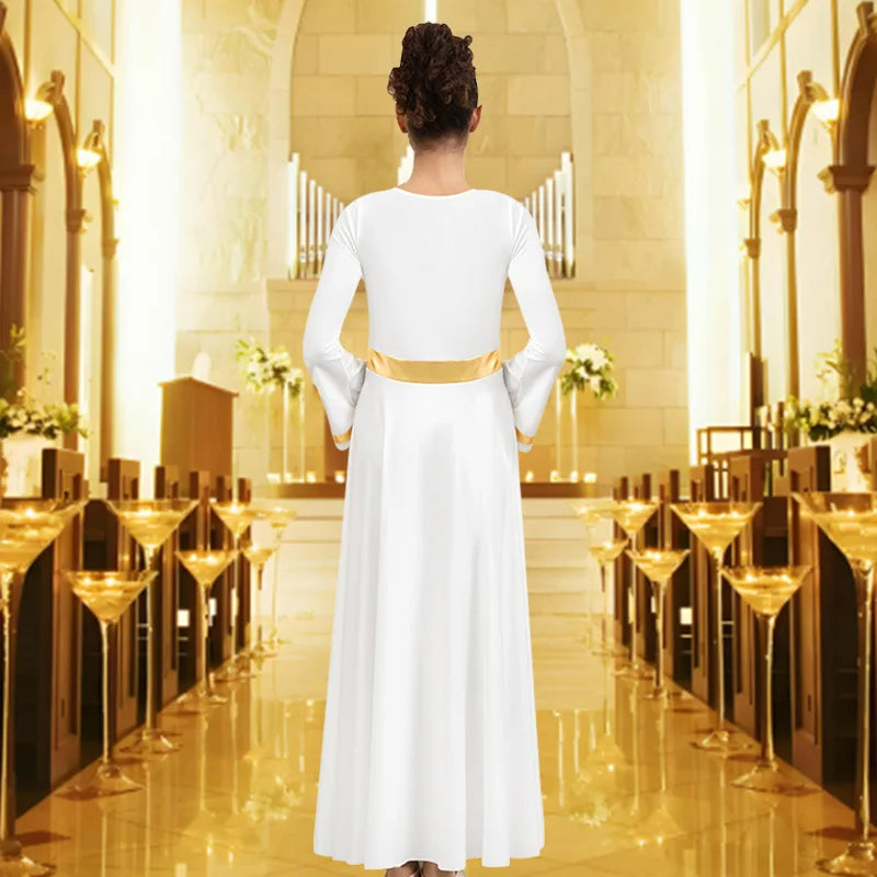 Women's Praise Dance Dress Long Sleeve Loose Fit Church Dancewear Metallic Full Length Liturgical Worship Costume Dance Dress