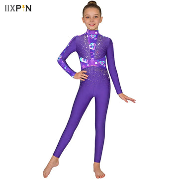 Girls Shiny Sequins Rhinestones Rhythmic Gymnastics Leotards Long Sleeve Jumpsuit Dancewear Figure Skating Stage Performance Top