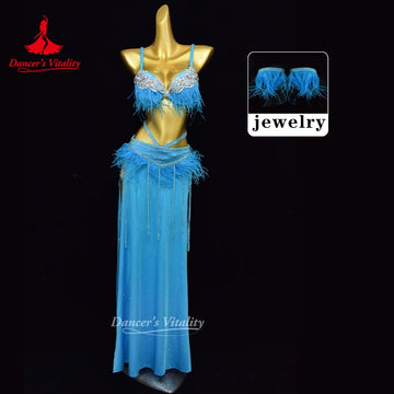 Belly Dance Suit Women's Senior AB Stones Bra+Feather Tassel Long Skirt 2pcs Oriental Dance Performance Outfit Dancer's Vitality