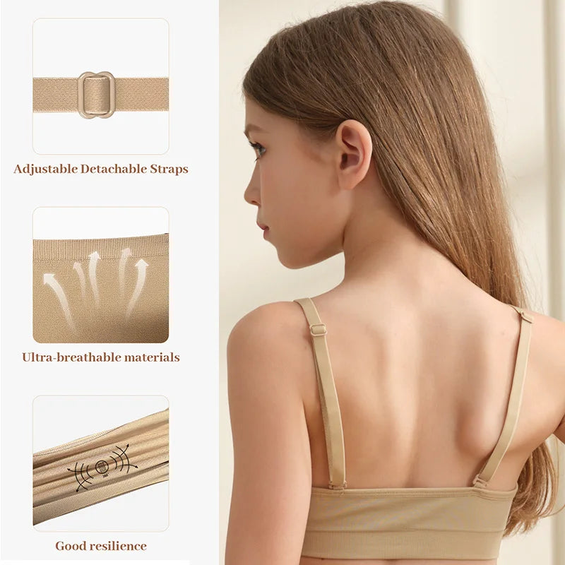 Girls Ballet Dance Bra Seamless Girls Nude Bra with 2 Pair Adjustable Replace Clear Straps and Silicone Pads Dance Bras