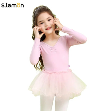 Girls Ballet Tutu Dress Long Sleeve– Mesh & Spandex Ruffle Bodysuit with Full Tulle Skirt for Kids Dance Performance