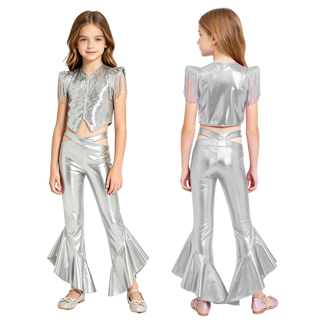 Kids Girls Glittery Sequin Pageants Outfit Tassel Cap Sleeve Crop Top And Bell Bottom Flared Pants Birthday Jazz Dancewear
