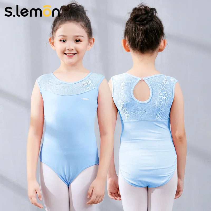S.lemon Girls Ballet Leotard Lace Backless Bodysuit Sleeveless Crew Neck Dance Costume Toddler Gymnastics Training Wear 90-150CM