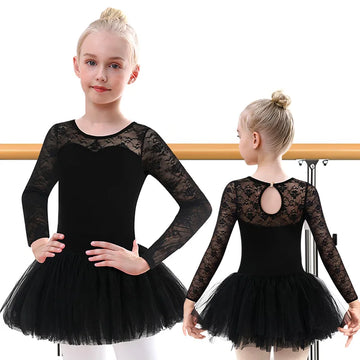 Girl Lace Long Sleeve Dress Ballet Dance Leotards for kids Gymnastics Dance Tutu Skirts with Water- drop Hollow Back and Lining