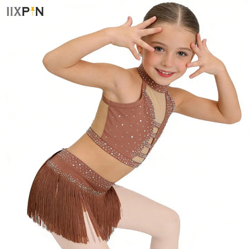 Fringe Crop Top Tiered Vest with Tassel Briefs Skirt for Stage Show Kids Girls Latin Dance Rhythmic Contemporary Modern Costume