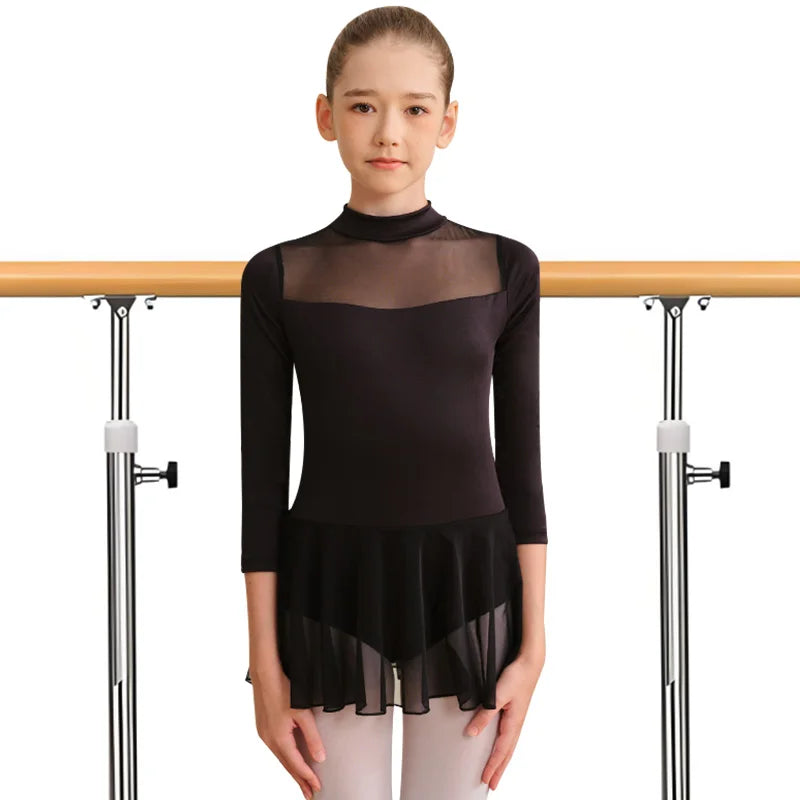 Girl's Long Sleeve Dress Ballet Dance Leotards for girl Gymnastics Dance Mesh Skirts with Big Hollow Back and Soft Lining