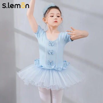 S.lemon Girls Ballet Leotard Tutu Dress Short Sleeve Puffy Mesh One-Piece Summer Chinese Dance Costume 100-150cm Free Shipping