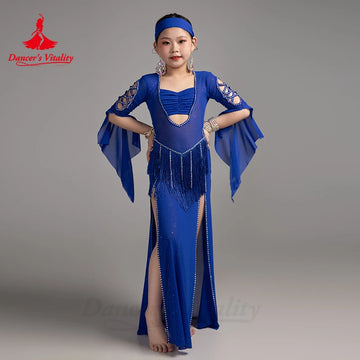 Belly Dance Kid Performance Costumes Advanced AB Stones Tassel Breathable Mesh Dress for Girls Oriental Belly Dancing Wear Outfi