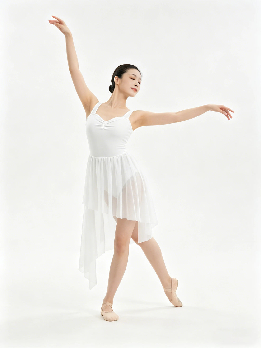 Modern Lyrical Dress Camisole Dance Costume Ballet Asymmetric High-Low Mesh Skirted Sleeveless Gymnastic Dancewear Cross Back