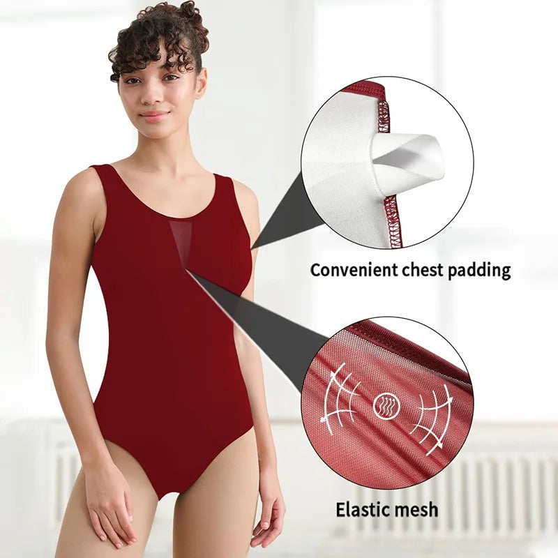 Women's Sleeveless Camisole Ballet Dance Leotards for Adult Gymnastics Dance Tank Tops with Mesh Splicing Back and Soft Lining