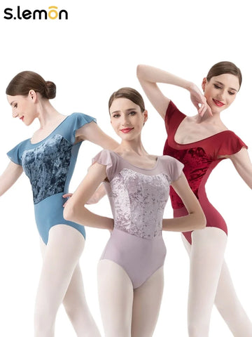 Adult Velvet Ballet Leotard with Short Cap Sleeves – Princess Line Dance Bodysuit for Women Gymnastics & Barre Workout