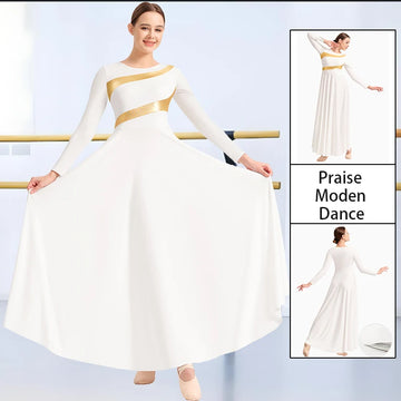 Women's Loose Fit Full Length Praise Moden Dance Dress Long Sleeve Church Dancewear Metallic Costume with Freely Crop Skirts