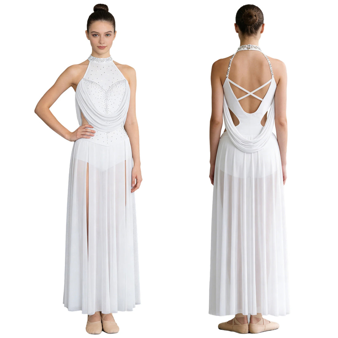 Women Sparkly Rhinestones Gymnastic Ballet Maxi Long Dresses Sleeveless One-piece Dance Modern Contemporary Performance Costume