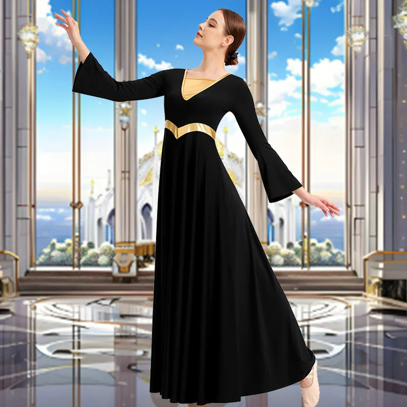 Women Metallic Block Long Sleeve Dance Dress for Adult Worship Liturgical Praise Costumes with No Crotch and Flared Swing Skirts