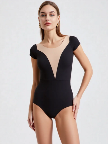 Women's Deep V Neck Yoga Bodysuits Short-Sleeved Ballet Practice Tights Dance Gym Clothes Teacher Stitching Design Fitness Outfi