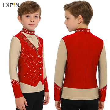 Kids Girls Long Sleeve Contrast Color Top Sparkly Rhinestones T-shirts for Figure Ice Skating Artistic Gymnastics Dance Workout