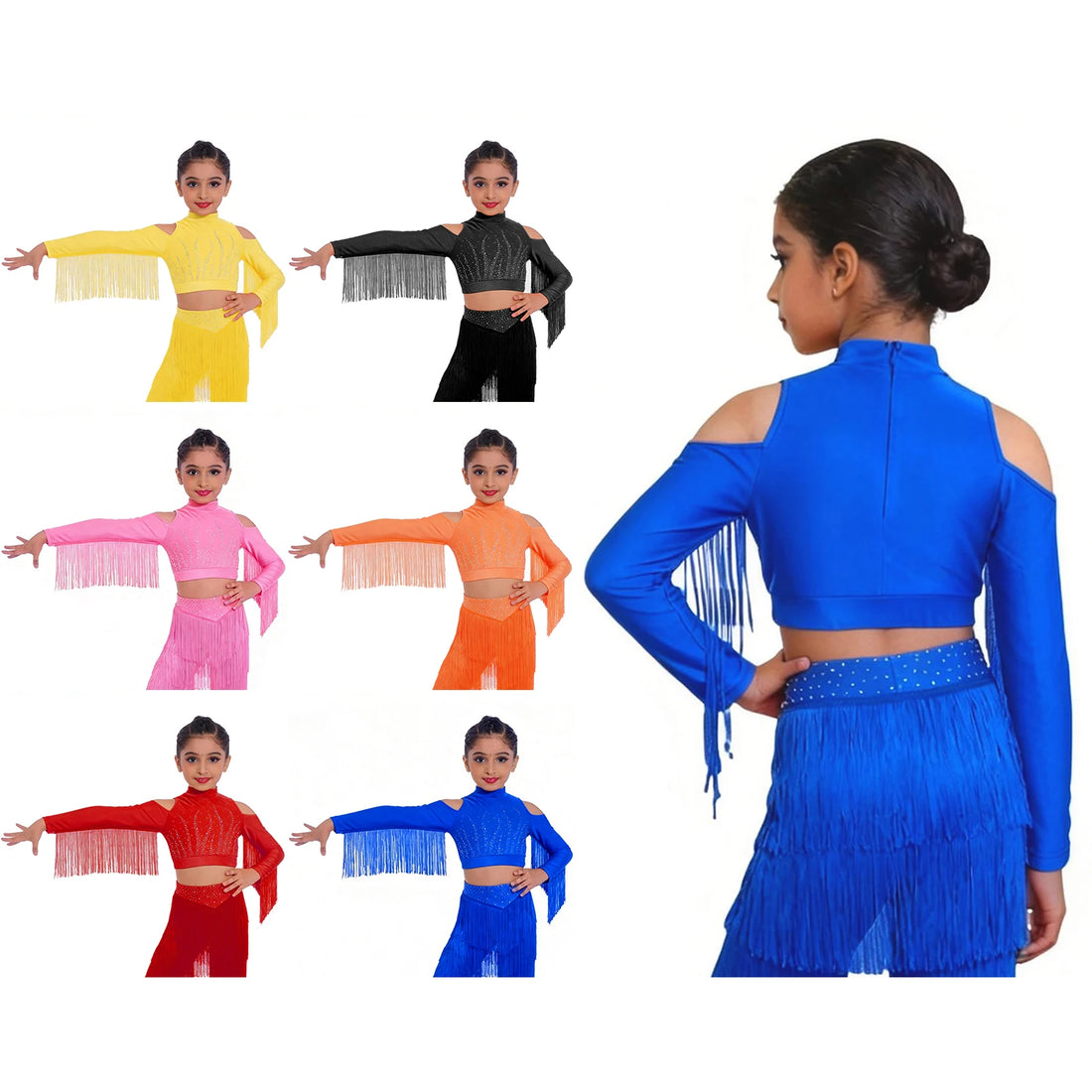 Kids Girls Figure Skating Gymnastics Dance T Shirts Cold Shoulder Sparkling Rhinestones Crop Top Tassel Latin Dancewear