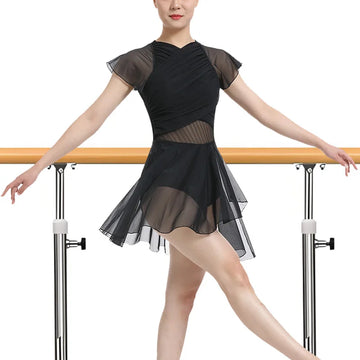 Women Lyrical Modern Dance Dress Top with Asymmetric High-Low Mesh Skirted and Water-drop Hollow Back Ballet Dance Costume