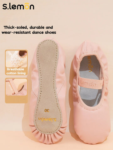 S.lemon Girls Ballet Shoes Pink Eco-Friendly Leather Thick Cow Suede Sole Soft Sole for Chinese Dance Yoga Practice