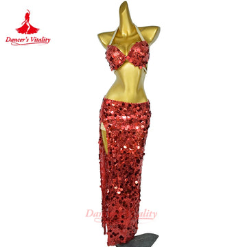BellyDance Costume Set for Women Big Sequins Bra+Sexy Long Skirt 2pcs Girl's Oriental Belly Dancing Performance Clothing Suit