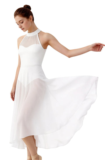 Lyrical Dance Costume for Women White Contemporary Dance Dress Asymmetric Flowy Ballet Dancewear