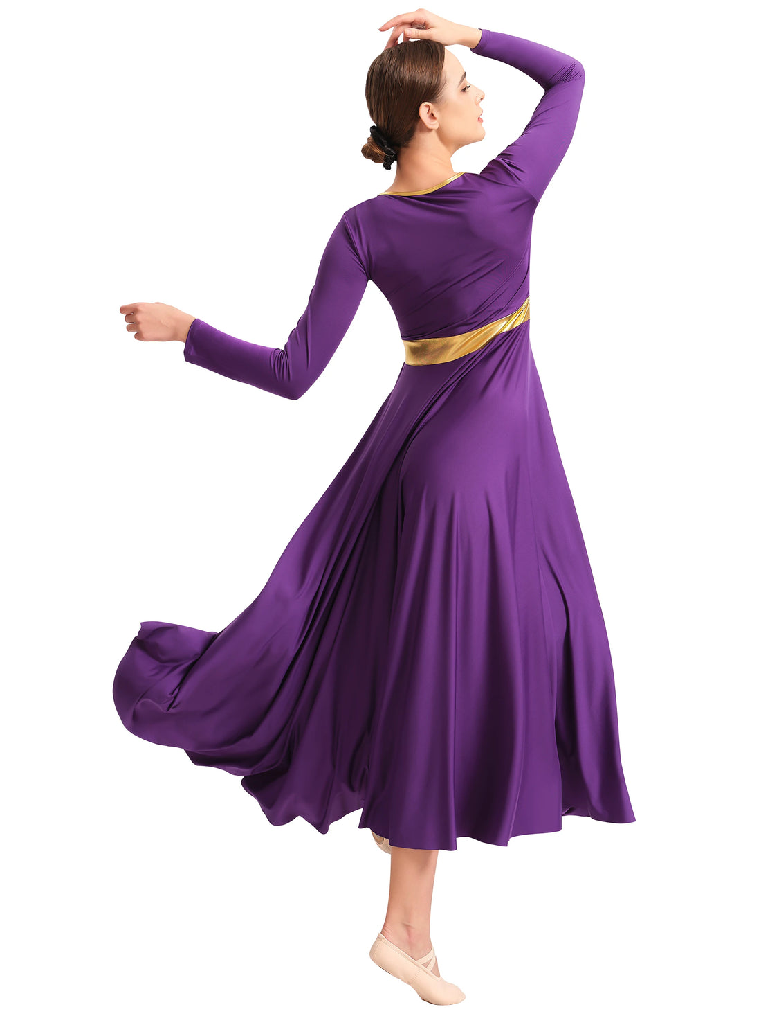 Women Praise Dance Dress Metallic Fit Full Length Liturgical Worship Costume Long Sleeve Dancewear
